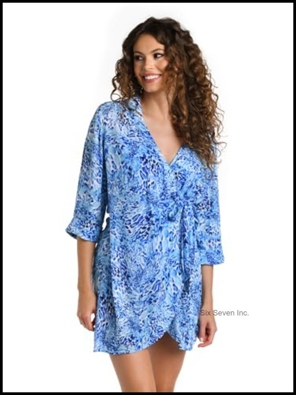 Rayon Short Sleeve V-Neck Mini Dress Swimsuit Cover Up Wrap Front